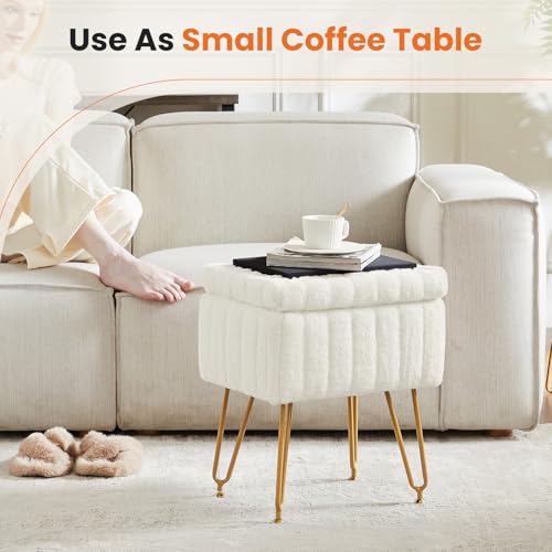 White Faux Fur Vanity Stool with Storage & Adjustable Metal Legs - Sweetcrispy