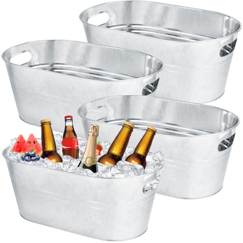 OBTANIM 4 Pack Galvanized Ice Buckets - 4 Gallon Metal Champagne Drink Coolers with Handles, Silver