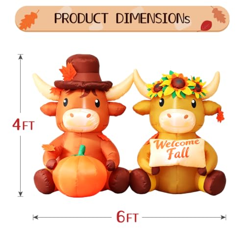 Fall Highland Cow Inflatable Decoration - 6 FT Outdoor Halloween & Autumn Yard Decor with Pumpkin & Welcome Sign - DomKom