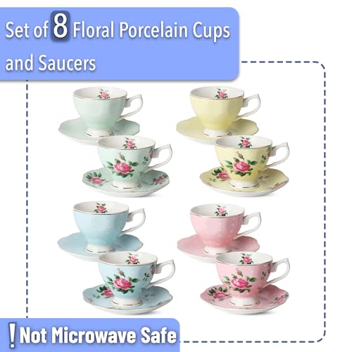 Multicolor Floral Tea Cup & Saucer Set of 8, 8 oz Porcelain Coffee Teacups with Gold Trim