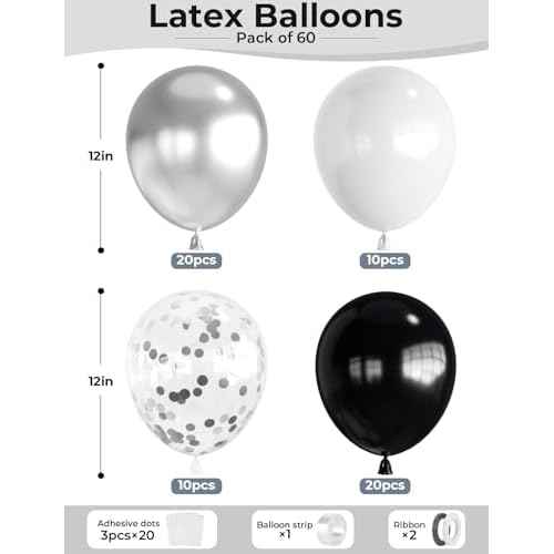Black and Silver Balloons, 60 Pcs 12 In Metallic Silver, Black, White & Confetti Balloons for New Year¡¯s Eve, Countdown Party, Christmas, Wedding, Birthday, Graduation, Anniversary Decorations