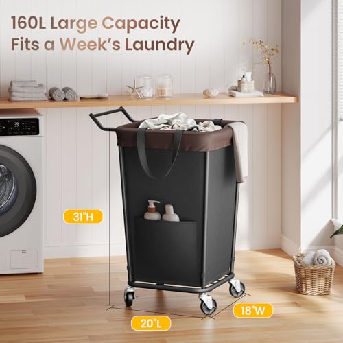 Wawocs 160L Black 2-Section Rolling Laundry Hamper with Handle and Wheels