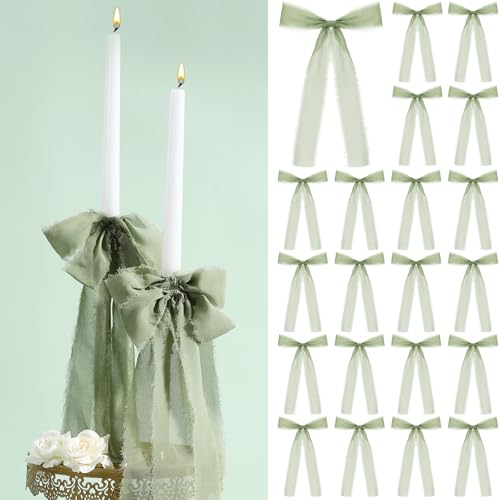 24 Pcs Christmas Tree Bows Candlestick Decoration Large Tie Bows Ribbon Gift Wrapping Coquette Decorations for Christmas Tree Wedding Party Baby Shower Decorations, 9.5 Inch(Sage Green)