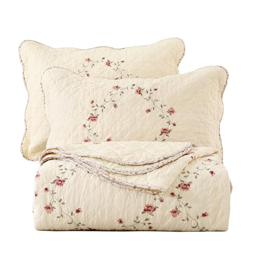 VCTOPS Floral Embroidered Oversize Queen Bedspread & Pillow Shams Set - Cotton, Reversible