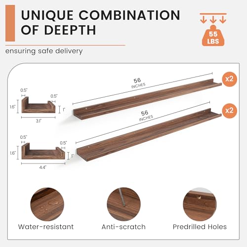 FLYJOE 56-Inch Floating Picture Ledge Shelves Set of 4 Walnut Wall Display Shelves for Photos & Books