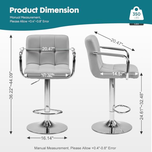 OLIXIS Grey Set of 2 Swivel Bar Stools with Armrest & PU Leather, Adjustable Height