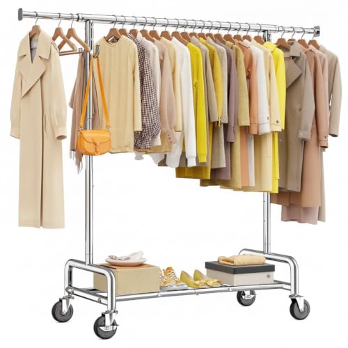 Raybee 75-Inch Chrome Clothes Rack with 4 Hooks, Adjustable Heavy Duty Wardrobe Organizer