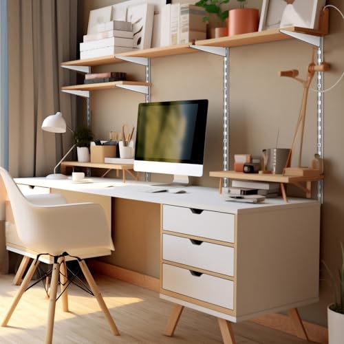 Wall Shelving System with Brackets - 16 Pcs White Track & Upright Rails Set Variation of 16/White