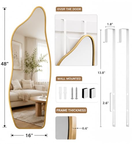 TinyTimes Gold Dolphin Full Length Wall Mirror 48x16 Inches - Modern Organic Design