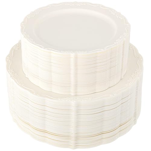 U-QE Ivory Disposable Plastic Plates for Parties, Weddings & Events - 100 Pack