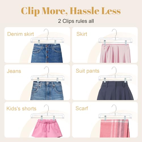 50 Pack Clear Plastic Clip Hangers for Skirts & Pants - Heavy Duty, Adjustable, Non-Marking
