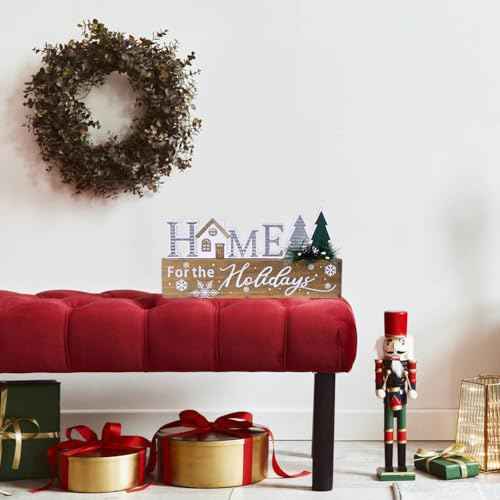 Wooden Christmas Sign Blocks, HOME for the Holiday Quote Table Decor, Xmas Centerpiece Block Sign with Snowflake & Pine Tree, Office Desk Mantle Decoration (BROWN)