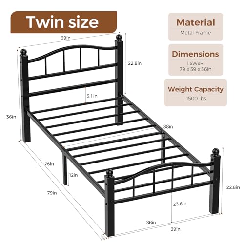 Twin Black Metal Bed Frame with Headboard - Reinforced Steel, Noise-Dampening, 12 Inch Clearance