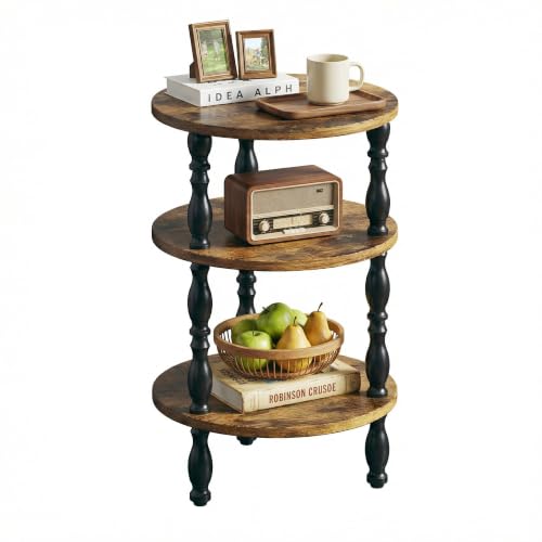 Round 3-Tier Side Table - Modern Oval Nightstand for Living Room & Bedroom - Rustic Brown