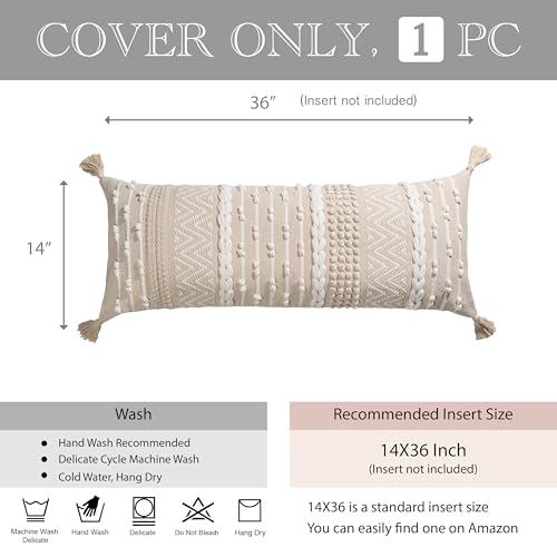 Boho Lumbar Throw Pillow Cover 14x36 Cream White - Handmade Accent Cushion