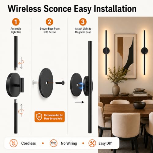 Easesonic Black 24-Inch Battery Operated Wall Sconce Set of 2 with Remote & Touch Control