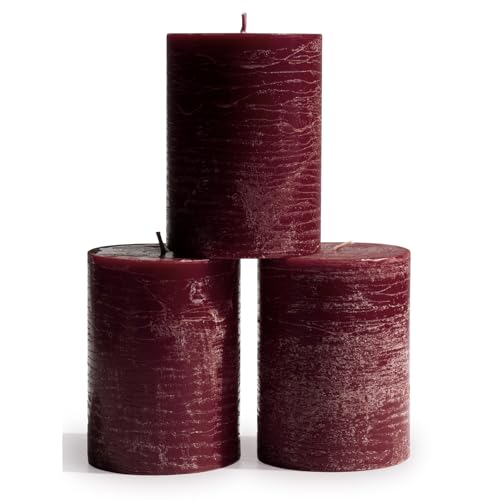 CANDWAX 3x4 inch Pillar Candles Set of 3 – Unscented, Dripless Burgundy, Handmade
