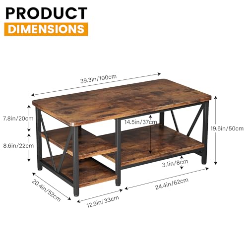 Farmhouse Coffee Table with Storage - 39.3-Inch Rectangular Living Room Table