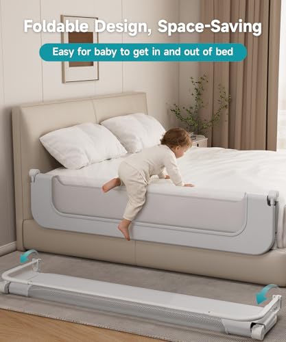 Toddler Bed Rail 71 Inch Foldable Safety Guard with Double Crossbar - Grey / 1 Side