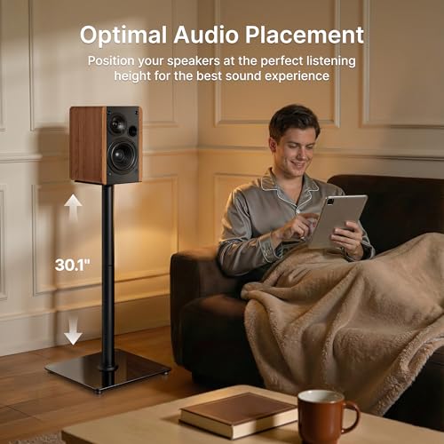 Speaker Stands Pair - 30 Inch Fixed Height, 55 lbs Capacity, Tempered Glass Base