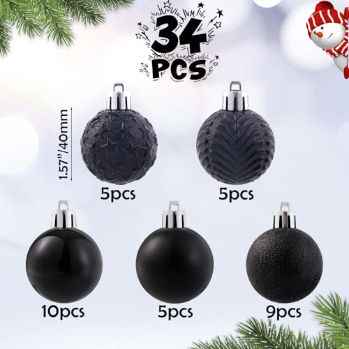 34ct Black Mini Christmas Ball Ornaments Shatterproof Plastic Tree