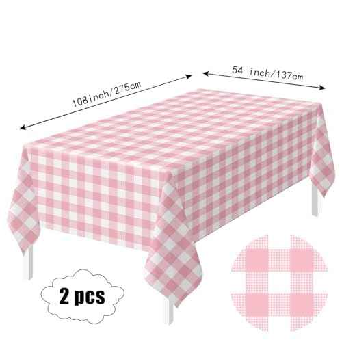 HEIPINIUYE 2 Pack Pink Gingham Tablecloth Disposable 54 x 108 Inch Pink and White Plaid Plastic Table Cloth Disposable Rectangle Table Cover for Party Birthday Picnic Checkered Tablecloths