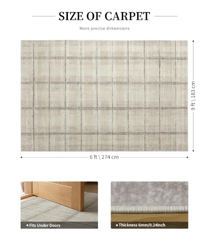 YIHOUSE 6' x 9' Beige Grey Distressed Plaid Area Rug for Living Room, Machine Washable