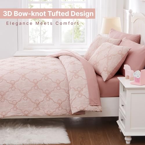 Pink Bow Twin Comforter Set with Sheets - Girl Bedroom Bedding 5 Pieces