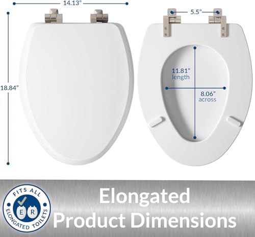 Mayfair Bennett Elongated Toilet Seat with Brushed Nickel Hinges, Slow Close, Easy Install, White