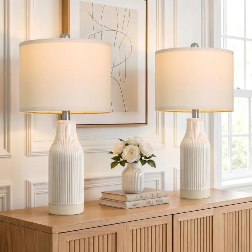 2 Pack Modern Ceramic Table Lamps - 23.75 Inches for Living Room Bedroom Nightstand - White