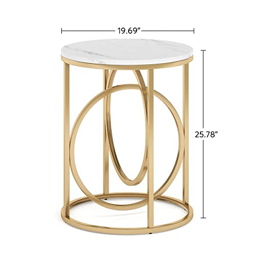 20-Inch Round End Table with Gold O-Shaped Base and Faux Marble Top - Modern Living Room Accent