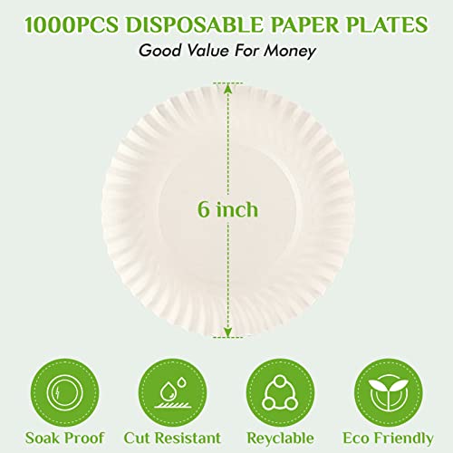 FOCUSLINE 6 Inch White Paper Plates 1000 Pack - Uncoated Disposable Dinnerware