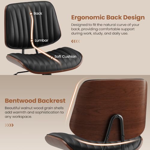 Black Armless Office Chair - Modern PU Leather Swivel Desk Chair with Walnut Bentwood Back & Height Adjustment - Set of 1