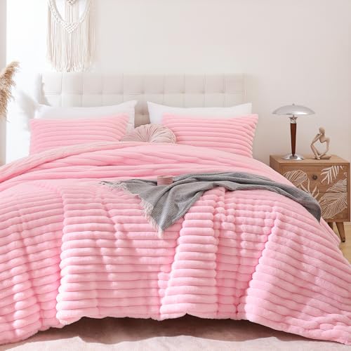 Pink Queen Size Fluffy Comforter Set 3 Pieces - Micro-Mink & Flannel Bedding