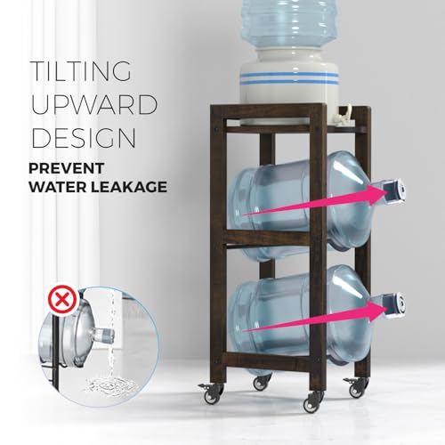 Walnut 3-Tier Water Jug Holder with Wheels & Adjustable Feet - Space-Saving Hardwood Stand