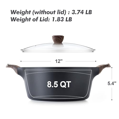 Nonstick Stock Pot with Lid - 8.5 QT, Black, SGS Approved, Induction Compatible