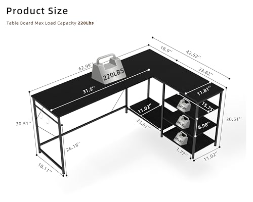 Reversible 63-Inch L-Shaped Gaming & Office Desk - Sturdy Computer Workstation