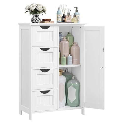 VASAGLE Farmhouse Floor Storage Cabinet with 1 Door & 4 Drawers, Cloud White, 32.3"H