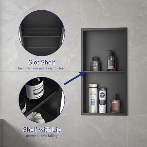 Stainless Steel Shower Niche Matte Black 24x12 with 2-Tier Shelf - Easy Install