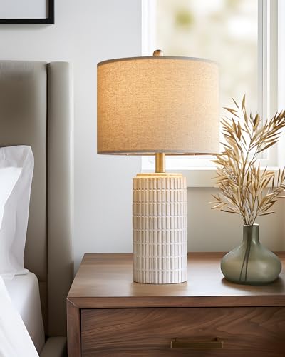 PoKat 23'' Bedside Table Lamp for Bedroom Nightstands - Beige & White