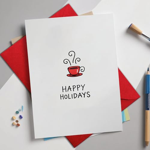 Podagree Holiday Greeting Card with Red Coffee Cup Illustration – Christmas & New Year Stationery, 5.3x8in, Blank inside, Includes Envelope