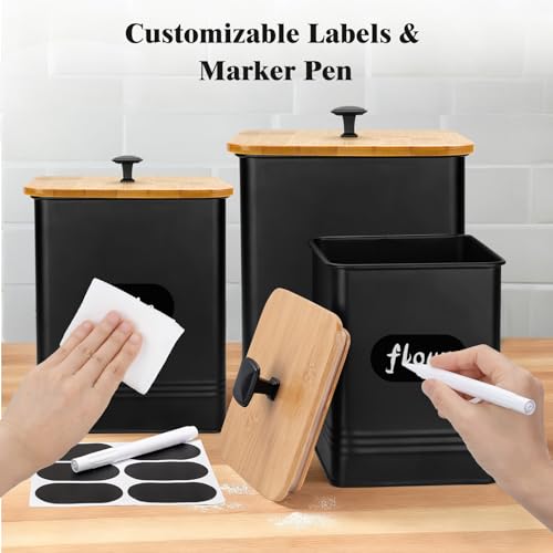 Kitchen Canisters Set of 3 - Black Metal Food Storage Containers with Airtight Lids & Chalkboard Labels