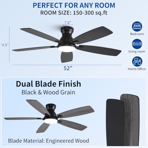 NKPU 52 Inch Black Ceiling Fan with Lights, Remote & APP Control, Low Profile Flush Mount DC Motor, Indoor/Outdoor