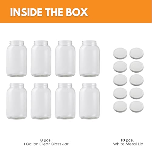 8 Pack 1-Gallon Wide Mouth Mason Jars with White Airtight Lids - Heavy-Duty Glass