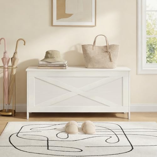 White Storage Chest Bench 39.4"L x 15.7"W x 18.9"H with Safety Hinges