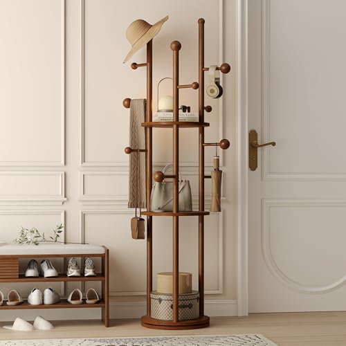Freestanding Coat Rack with Walnut Finish and Rotating Base - Mid-Century Entryway Organizer