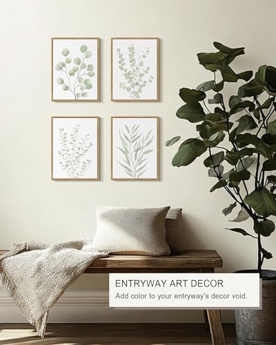 Natural Framed Botanical Wall Art Set of 4 - Eucalyptus Leaf Prints 11x14 inches, Boho Home Decor