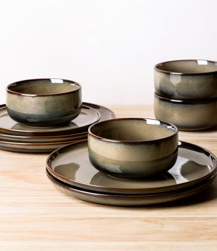 Ceramic Dinnerware Set for 4 - 12-Piece Mocha Brown Kitchen Plates & Bowls