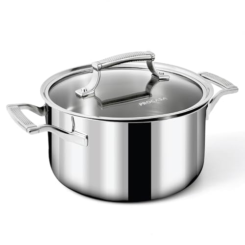 Procasa 4 Quart Stainless Steel Stock Pot with Lid - Fully Clad Tri-Ply, Induction & Oven Safe