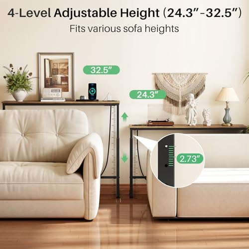 94.5-Inch Rustic Brown Behind Couch Console Table with Power Strips - Adjustable, Modular